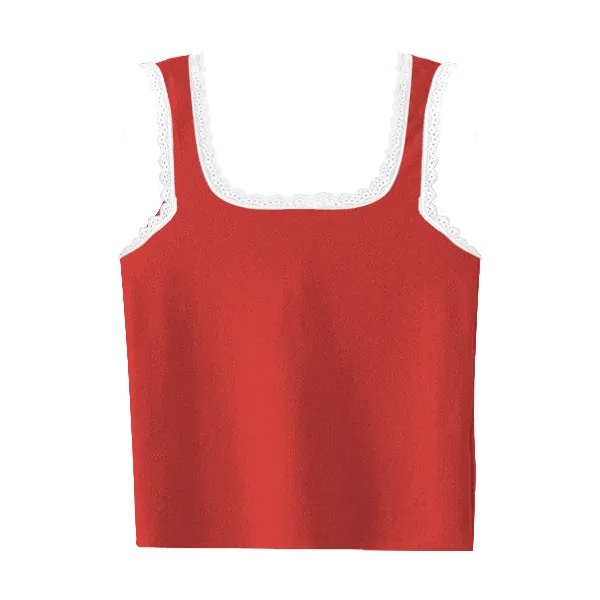 Square Neck Ribbed Tank with Lace Trim
