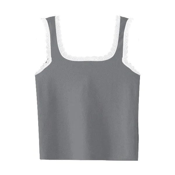 Square Neck Ribbed Tank with Lace Trim