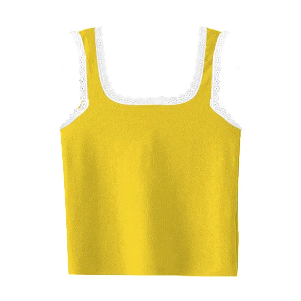 Square Neck Ribbed Tank with Lace Trim