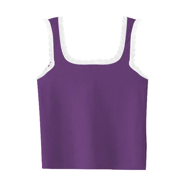 Square Neck Ribbed Tank with Lace Trim