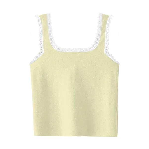 Square Neck Ribbed Tank with Lace Trim