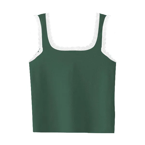 Square Neck Ribbed Tank with Lace Trim