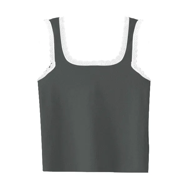 Square Neck Ribbed Tank with Lace Trim