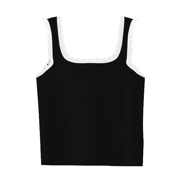Square Neck Ribbed Tank with Lace Trim