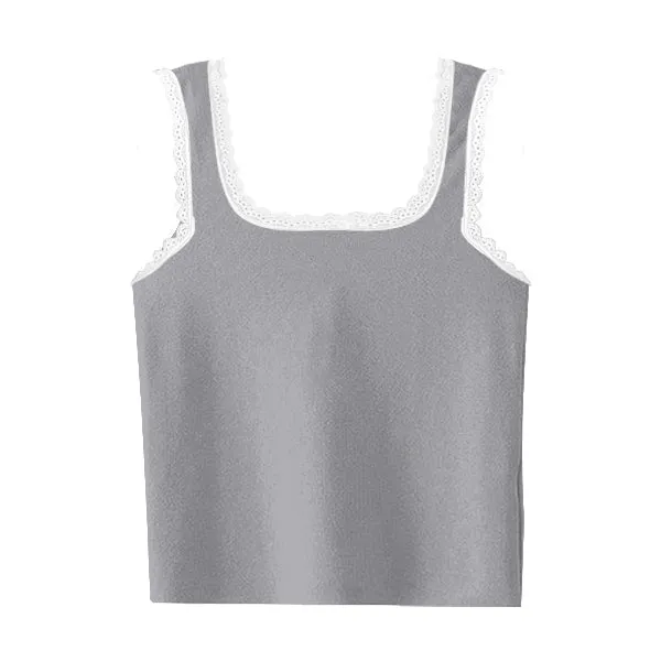 Square Neck Ribbed Tank with Lace Trim