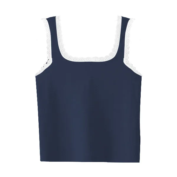 Square Neck Ribbed Tank with Lace Trim