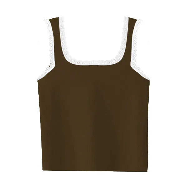 Square Neck Ribbed Tank with Lace Trim