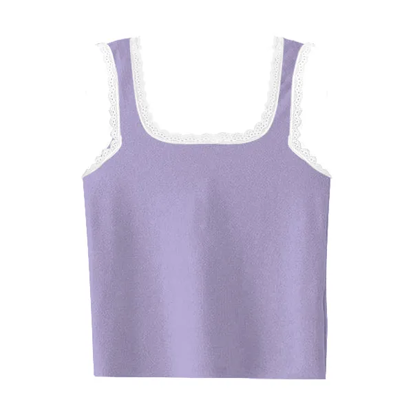 Square Neck Ribbed Tank with Lace Trim