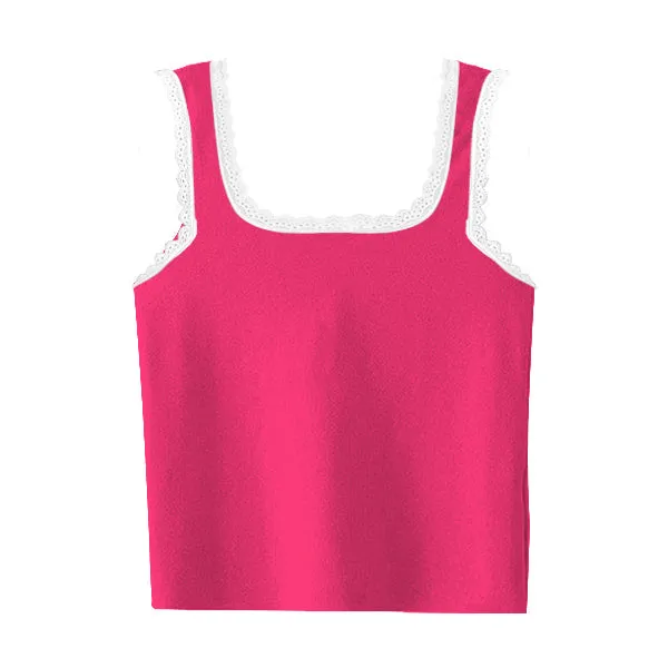 Square Neck Ribbed Tank with Lace Trim