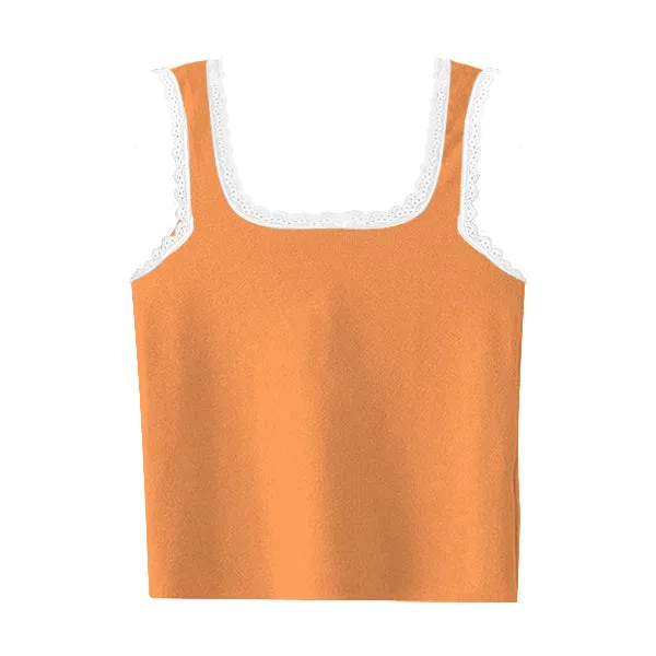 Square Neck Ribbed Tank with Lace Trim