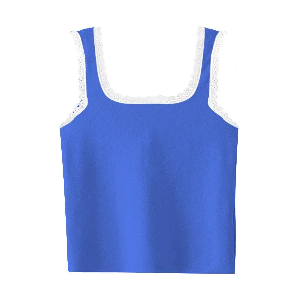 Square Neck Ribbed Tank with Lace Trim