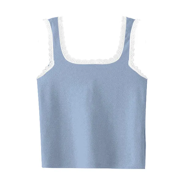 Square Neck Ribbed Tank with Lace Trim