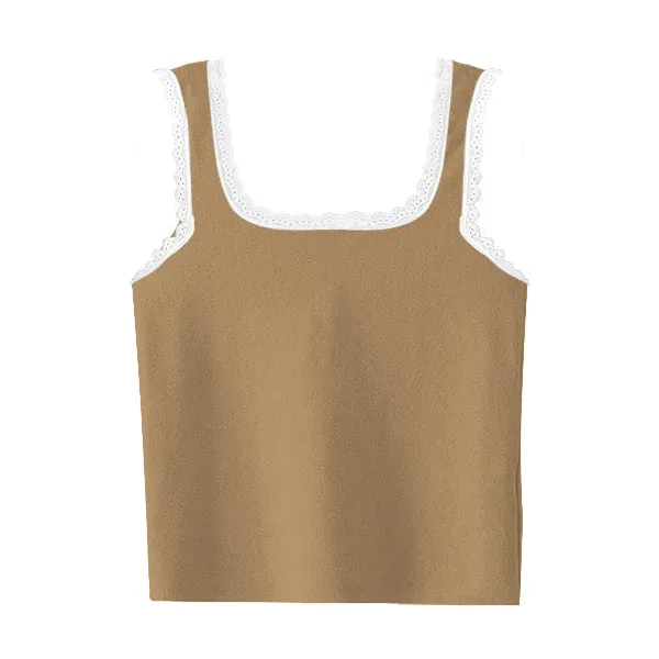 Square Neck Ribbed Tank with Lace Trim
