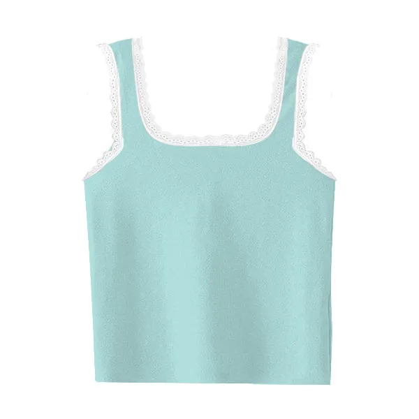 Square Neck Ribbed Tank with Lace Trim