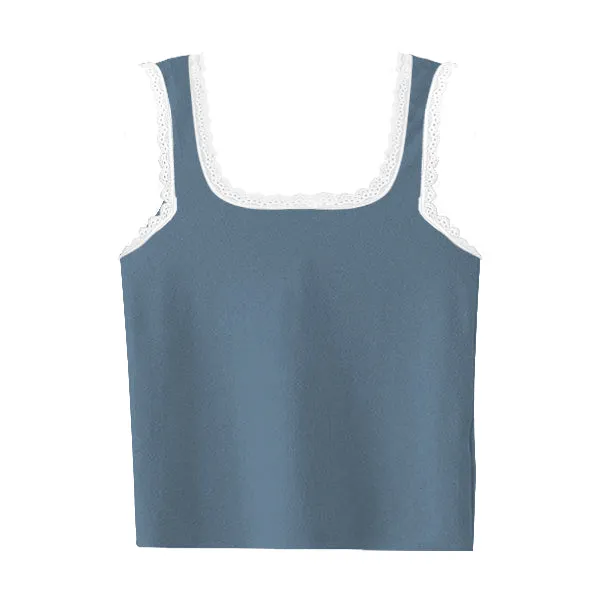 Square Neck Ribbed Tank with Lace Trim