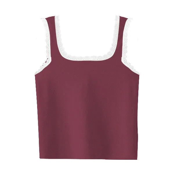 Square Neck Ribbed Tank with Lace Trim