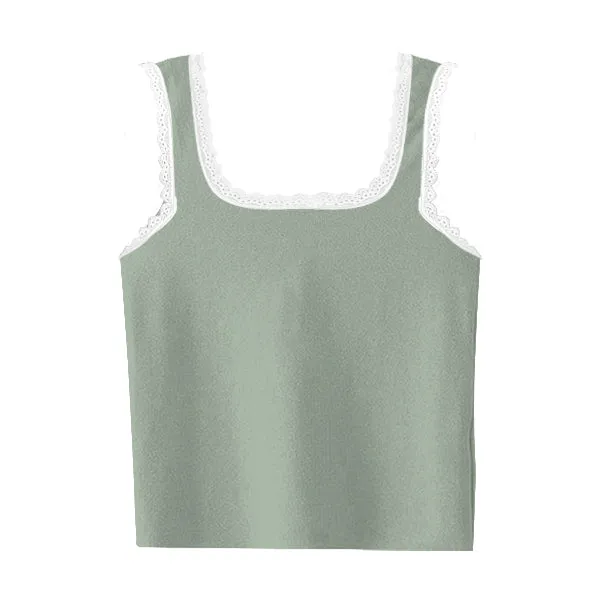 Square Neck Ribbed Tank with Lace Trim