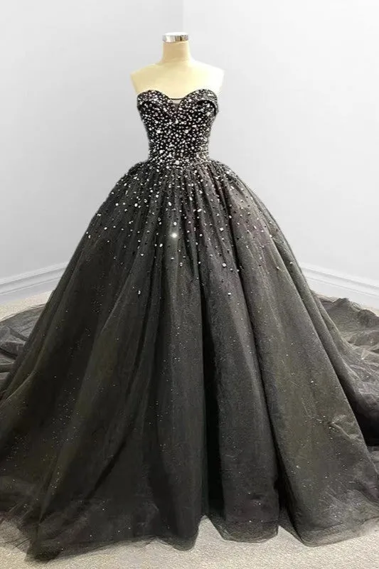 Strapless Black Sweetheart Tulle Quinceanera Dresses with Diamonds