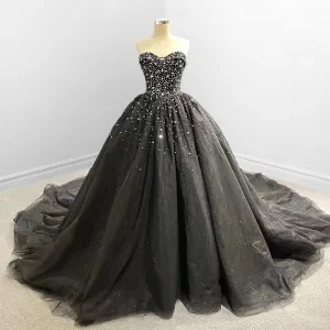 Strapless Black Sweetheart Tulle Quinceanera Dresses with Diamonds