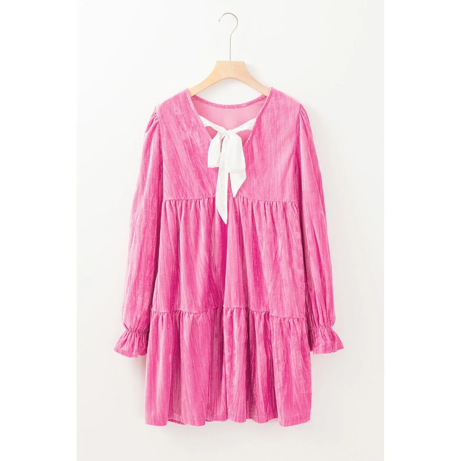 Strawberry Pink Flounce Sleeve Tiered Ruffled Velvet Mini Dress