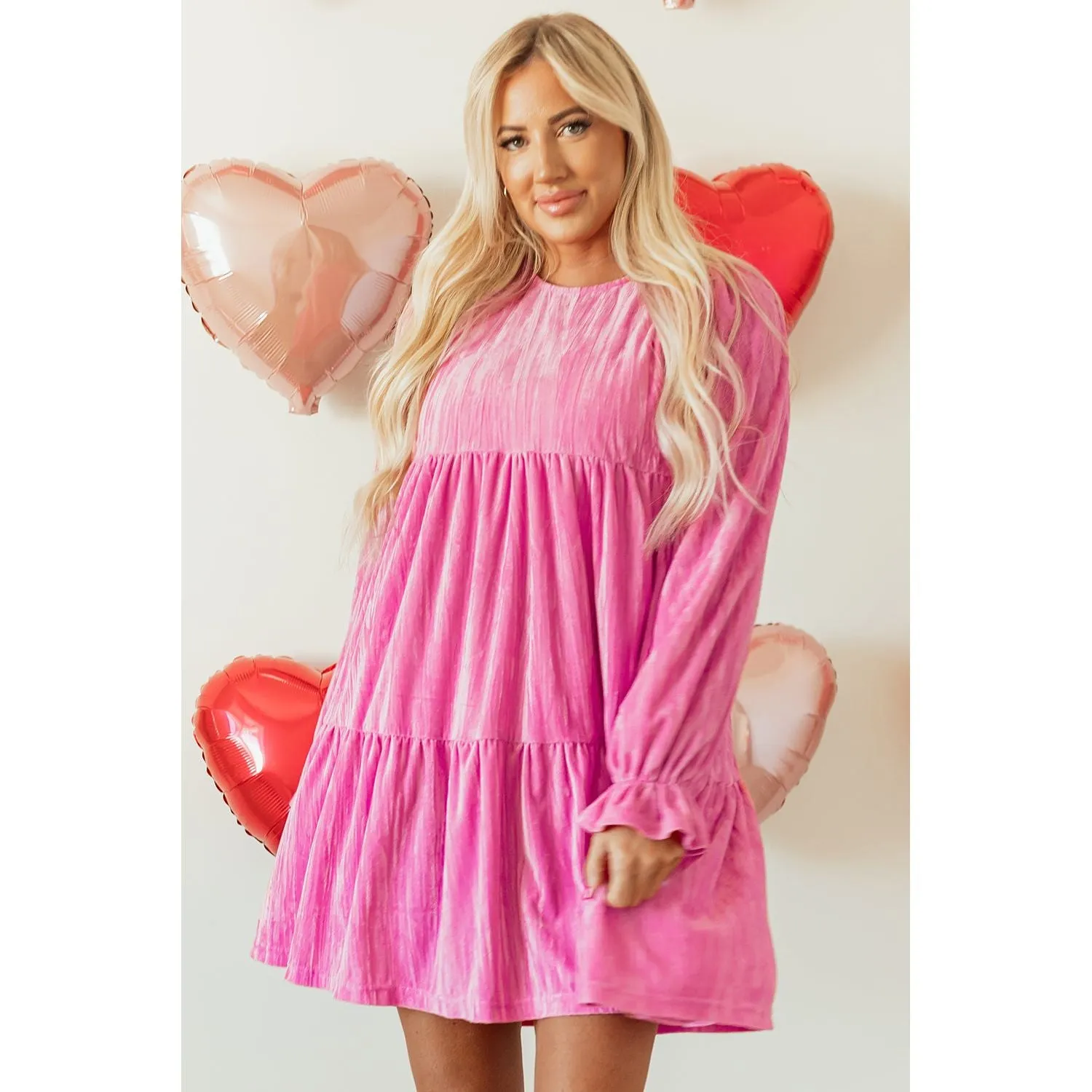 Strawberry Pink Flounce Sleeve Tiered Ruffled Velvet Mini Dress