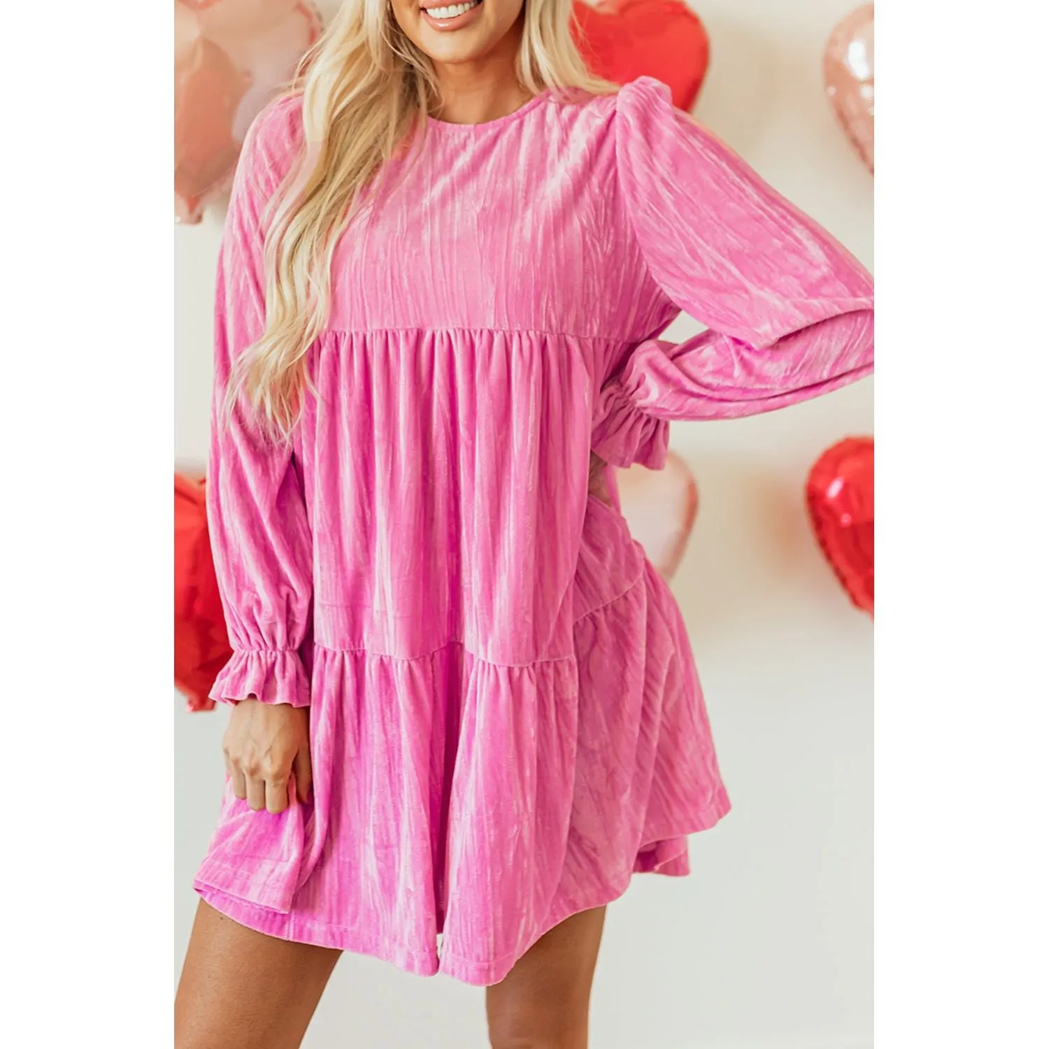 Strawberry Pink Flounce Sleeve Tiered Ruffled Velvet Mini Dress
