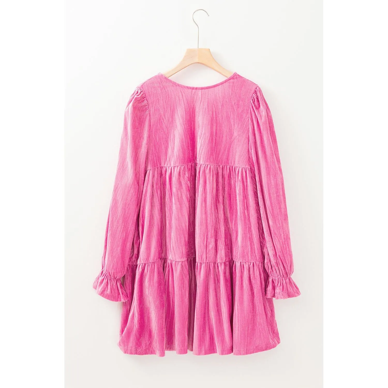 Strawberry Pink Flounce Sleeve Tiered Ruffled Velvet Mini Dress