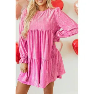Strawberry Pink Flounce Sleeve Tiered Ruffled Velvet Mini Dress