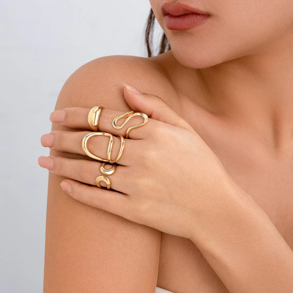 Stylish Irregular Curved Hollow Glossy Open Ring Set