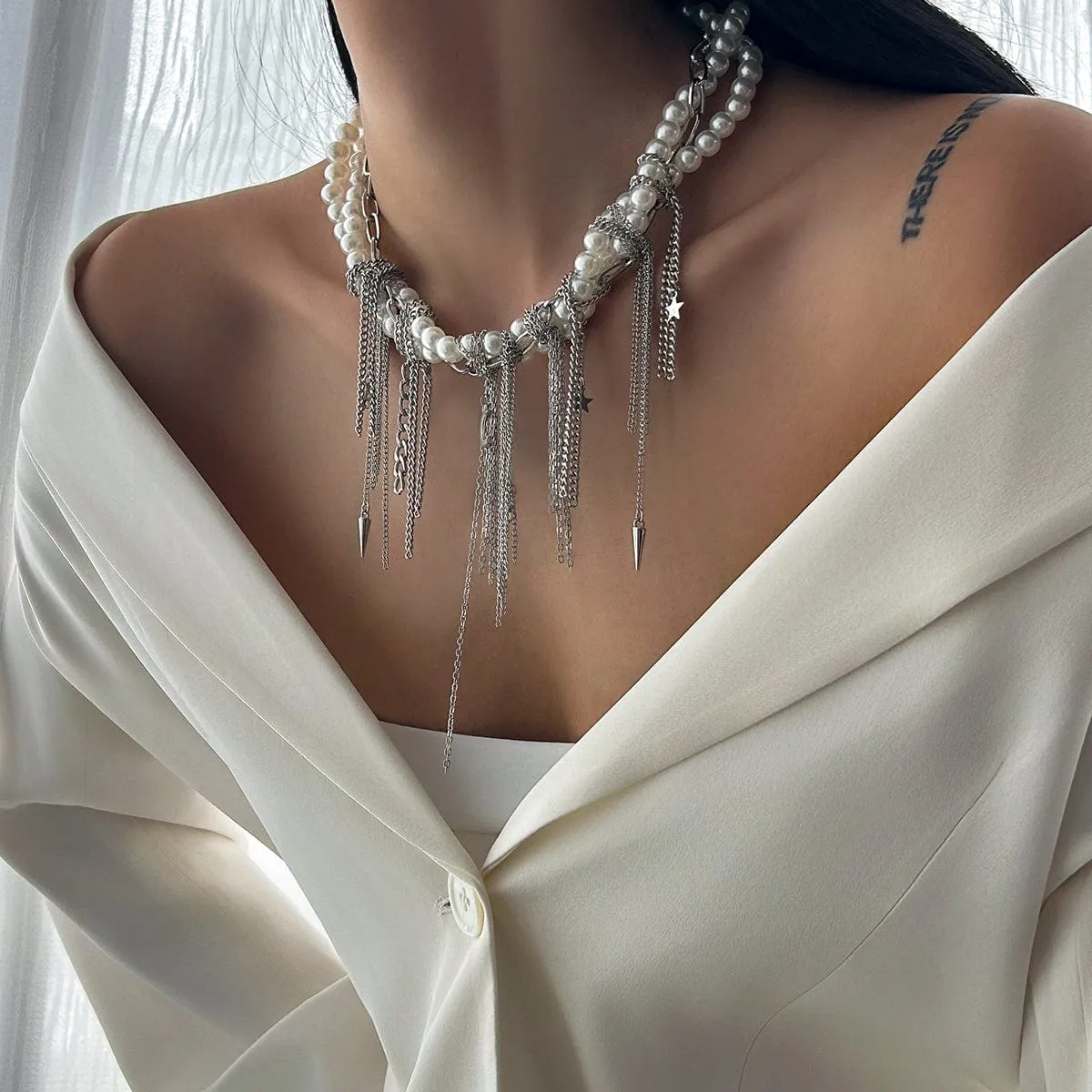 Stylish Layered Moon Star Chain Tassel Pearl Necklace