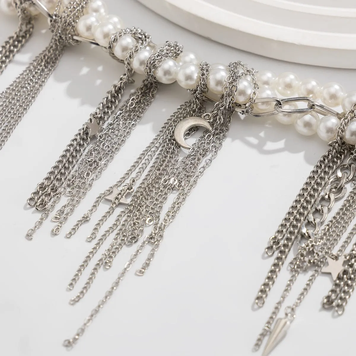 Stylish Layered Moon Star Chain Tassel Pearl Necklace
