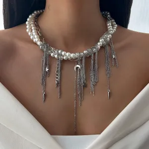 Stylish Layered Moon Star Chain Tassel Pearl Necklace