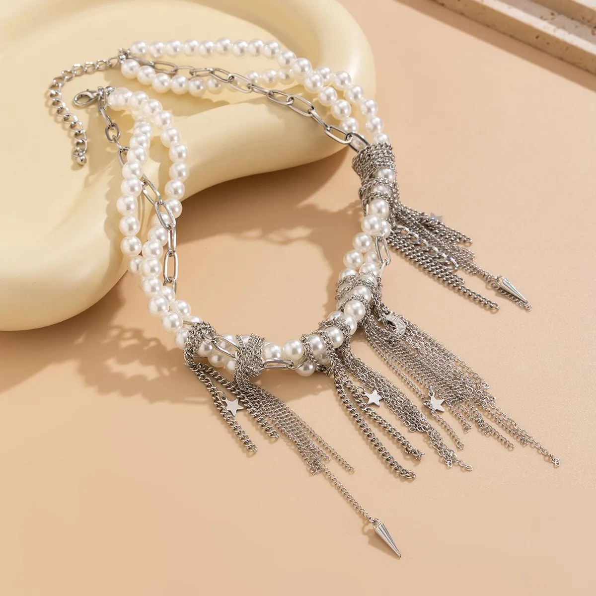 Stylish Layered Moon Star Chain Tassel Pearl Necklace