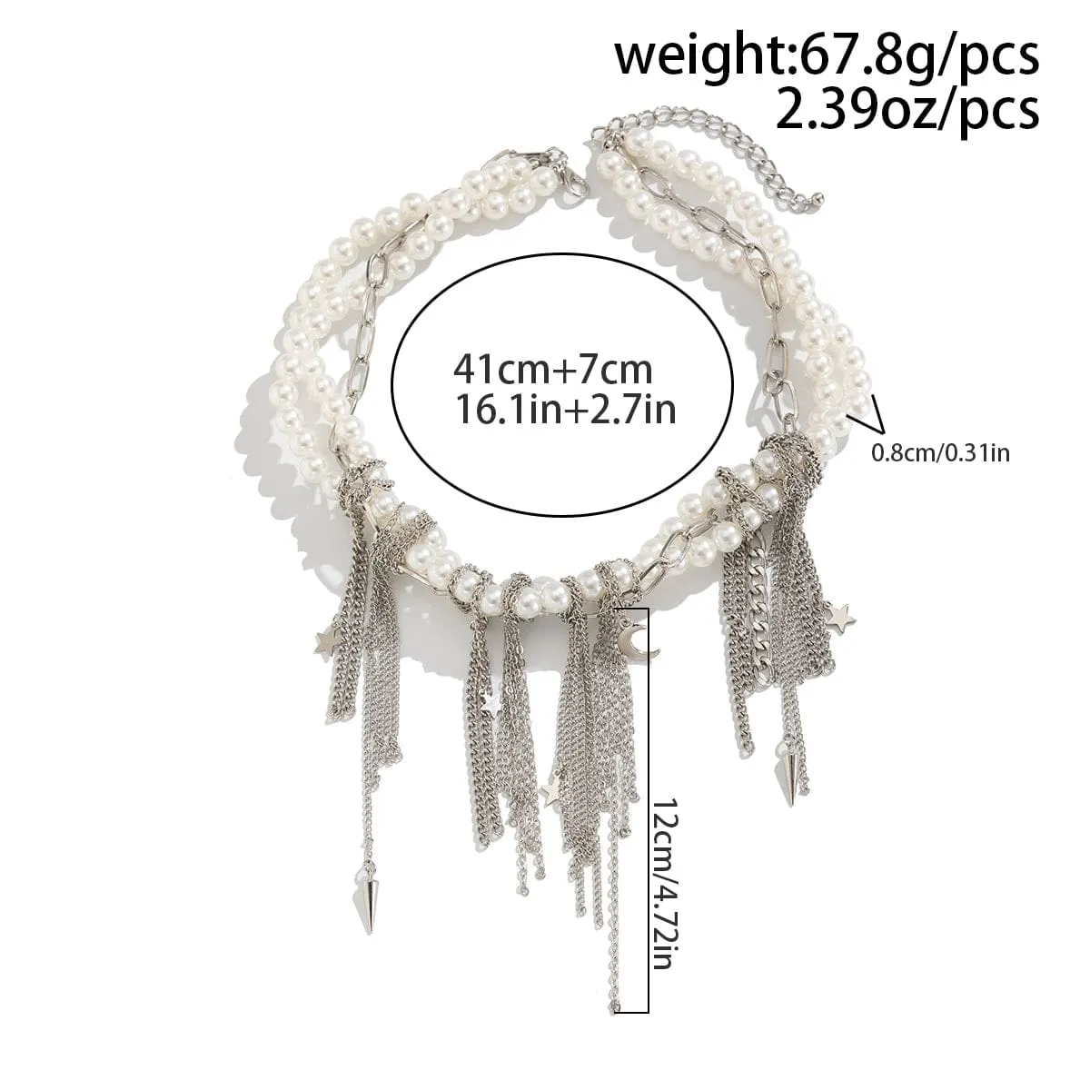 Stylish Layered Moon Star Chain Tassel Pearl Necklace
