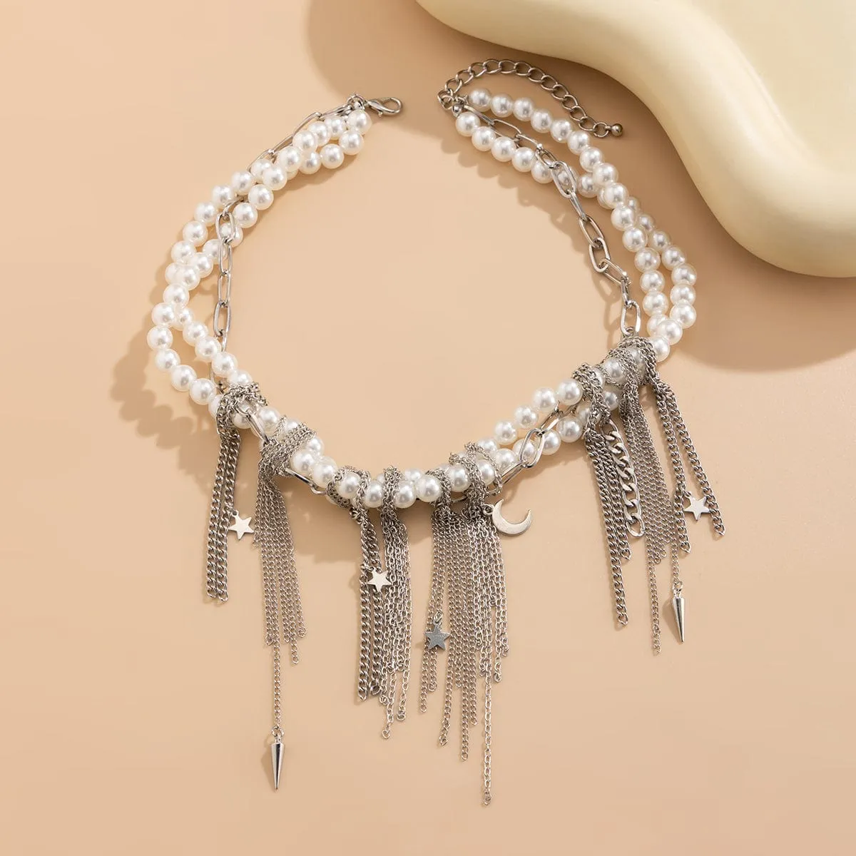 Stylish Layered Moon Star Chain Tassel Pearl Necklace