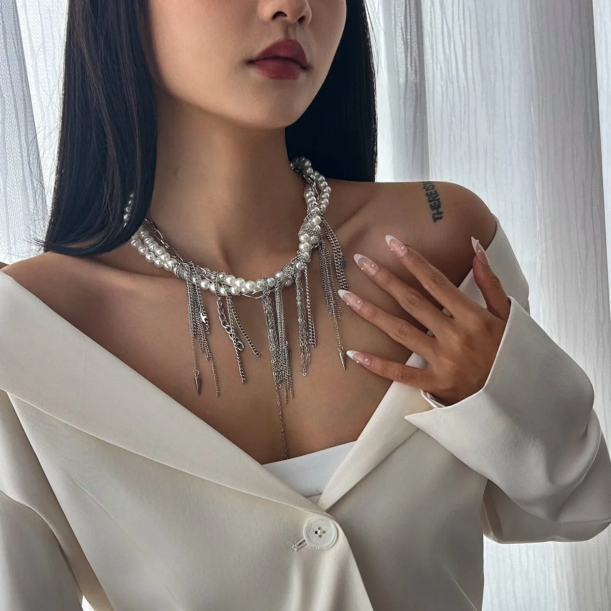 Stylish Layered Moon Star Chain Tassel Pearl Necklace