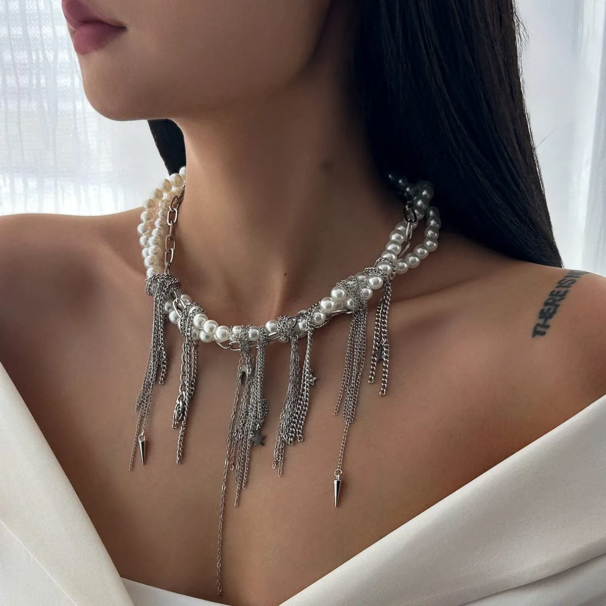 Stylish Layered Moon Star Chain Tassel Pearl Necklace