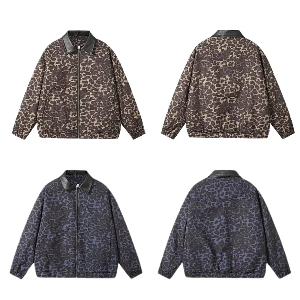 Stylish Leopard Print Leather Lapel Jacket