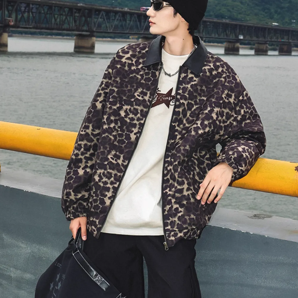 Stylish Leopard Print Leather Lapel Jacket