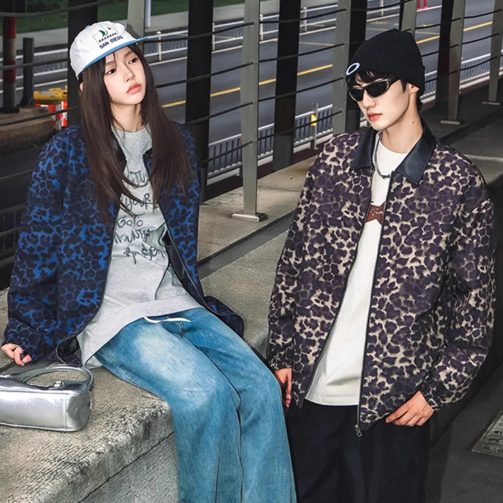 Stylish Leopard Print Leather Lapel Jacket