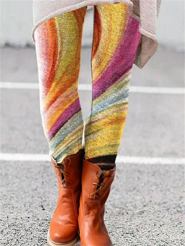 Stylish Winter Warm Multicolor Floral Pattern Elastic Leggings