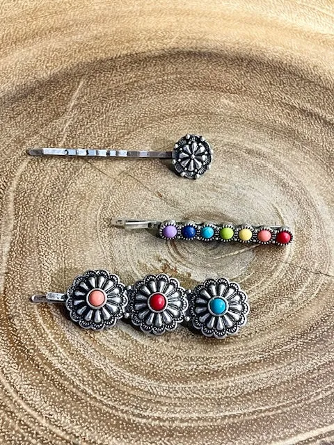 Tay Western Concho & Round Stone Fashion Silver 3 Piece Hair Pin Set