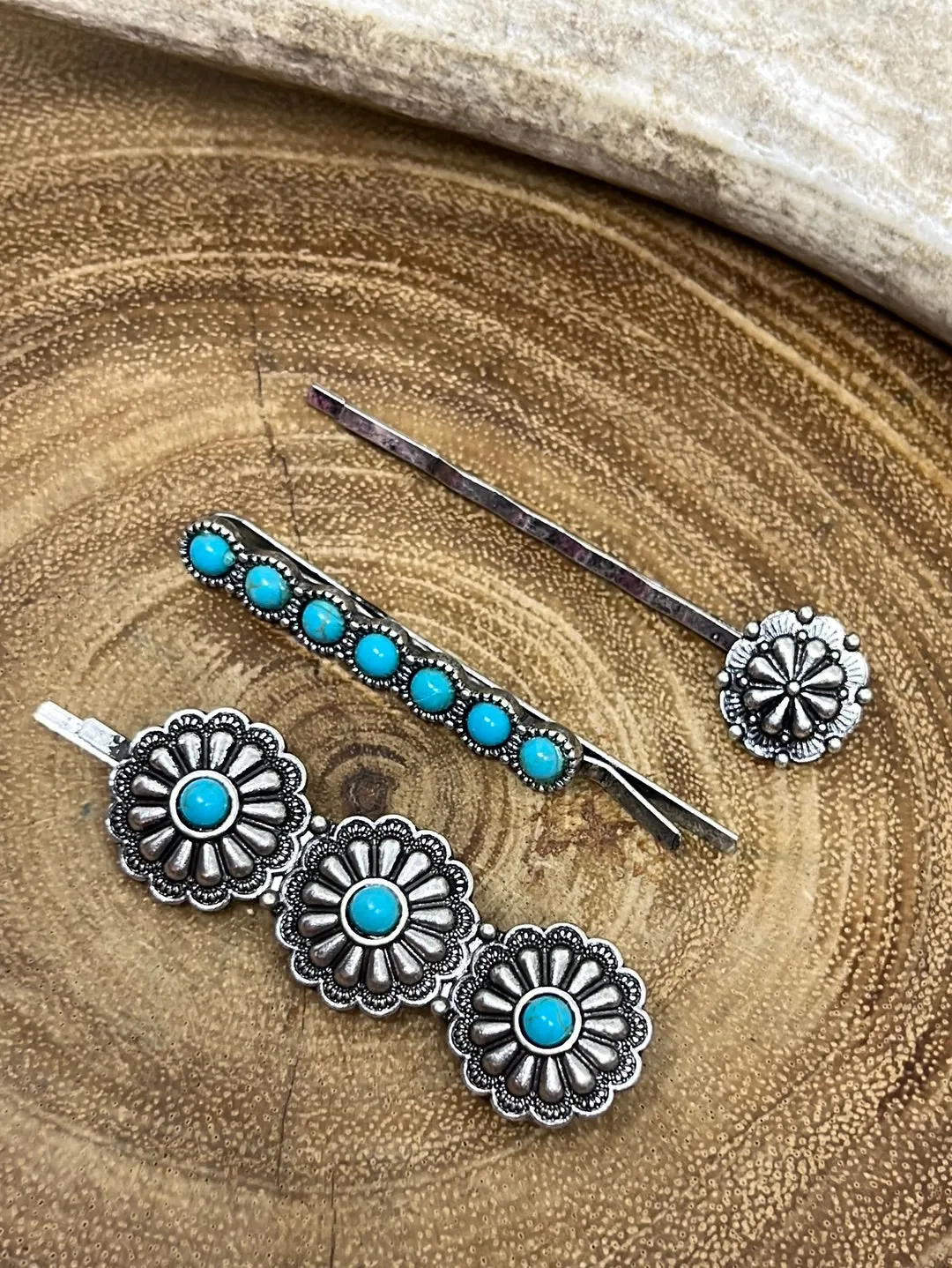 Tay Western Concho & Round Stone Fashion Silver 3 Piece Hair Pin Set