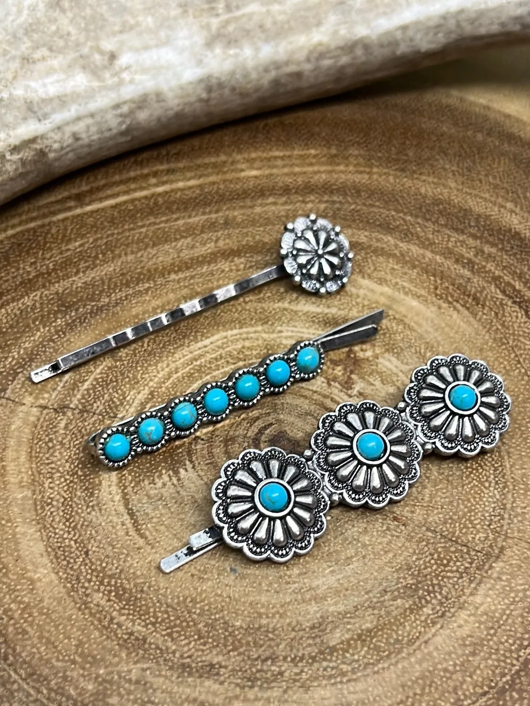 Tay Western Concho & Round Stone Fashion Silver 3 Piece Hair Pin Set