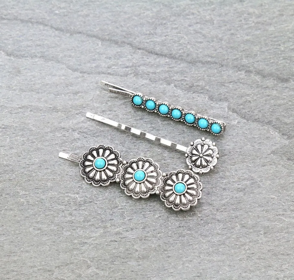 Tay Western Concho & Round Stone Fashion Silver 3 Piece Hair Pin Set