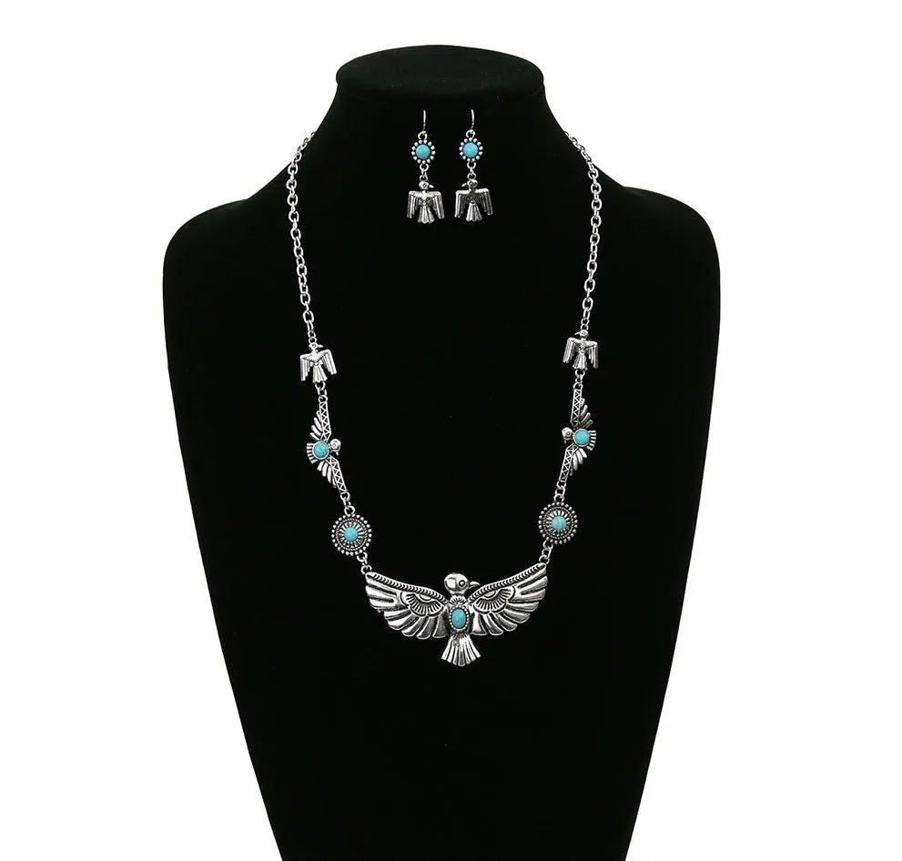 Thunderbird Concho Necklace & Earrings - Turquoise