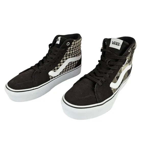 VANS WOMENS FILMORE HIGH TOP PLATFORM SNEAKER - PLAID MIX BROWN/WHITE