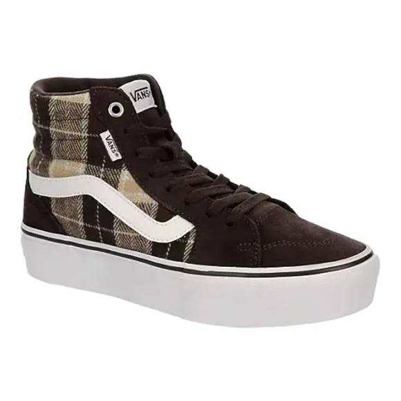 VANS WOMENS FILMORE HIGH TOP PLATFORM SNEAKER - PLAID MIX BROWN/WHITE