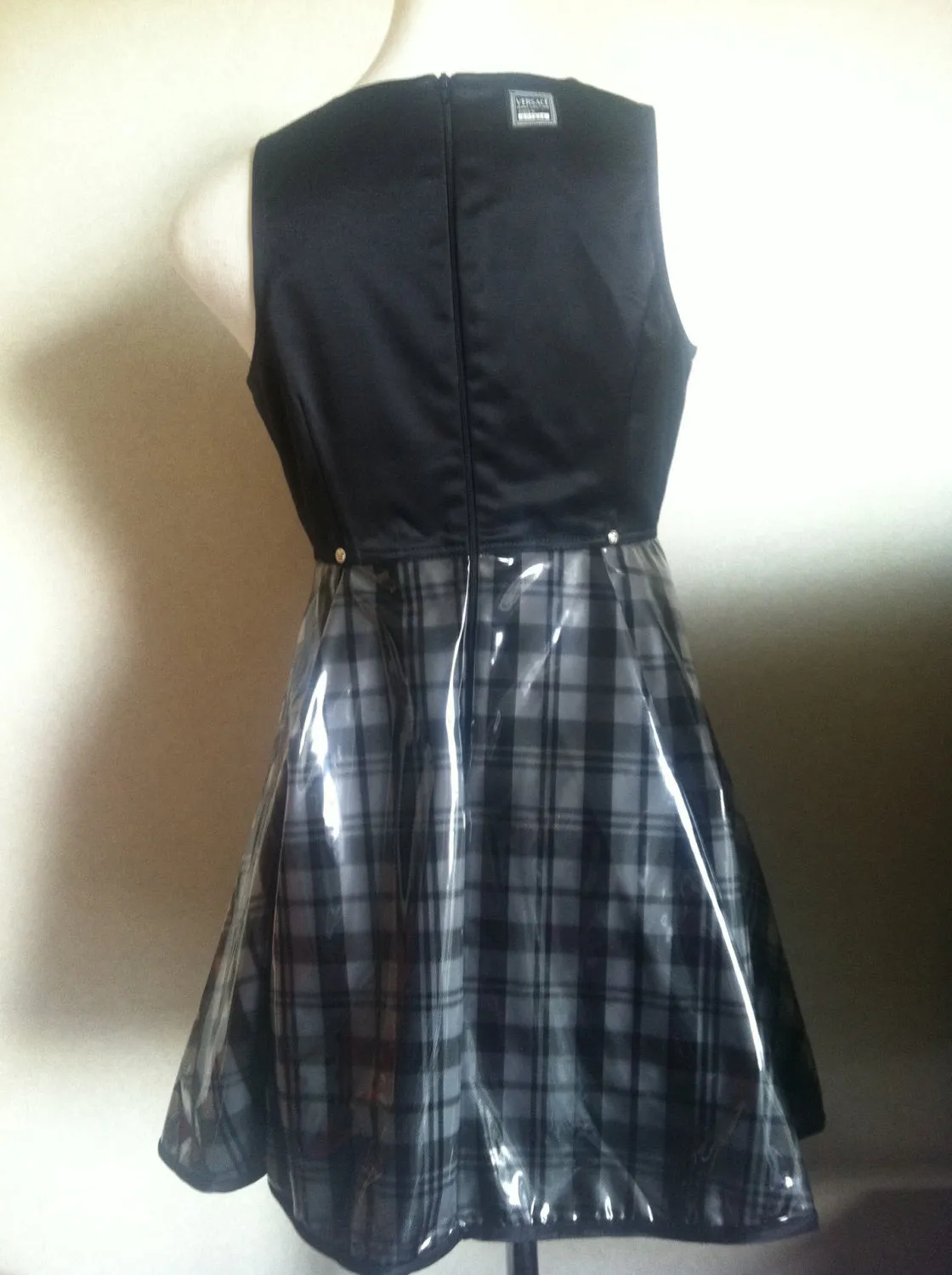 Vintage Gianni Versace black and check pattern vinyl dress with medusa motifs. Gorgeous dress Lady Gaga style.