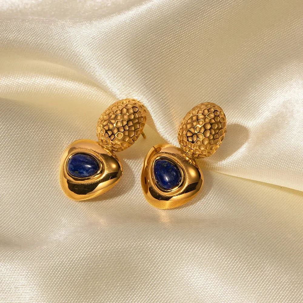 Vintage Triangle Stud Earrings Inlaid with Lapis Lazuli